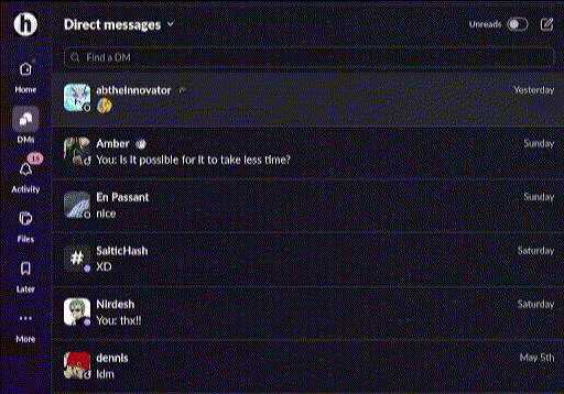 A GIF showing how the DMs section looks like in Slack